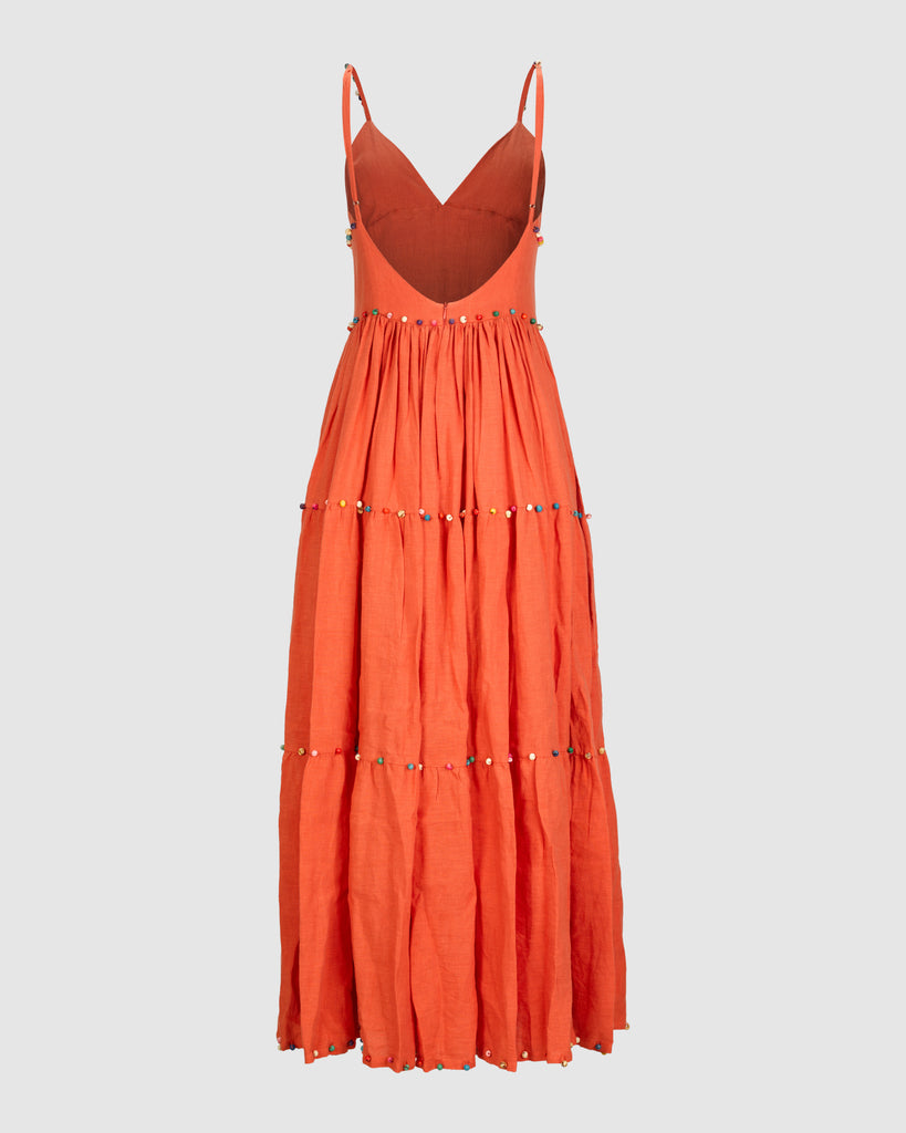 LINEN MAXI DRESS IN CORAL BACK I PERIGO I HOUSE OF CURATED