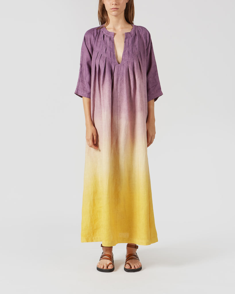 PERIGO I TIE DYE LINEN DRESS IN PURPLE & YELLOW I  House of Curated.