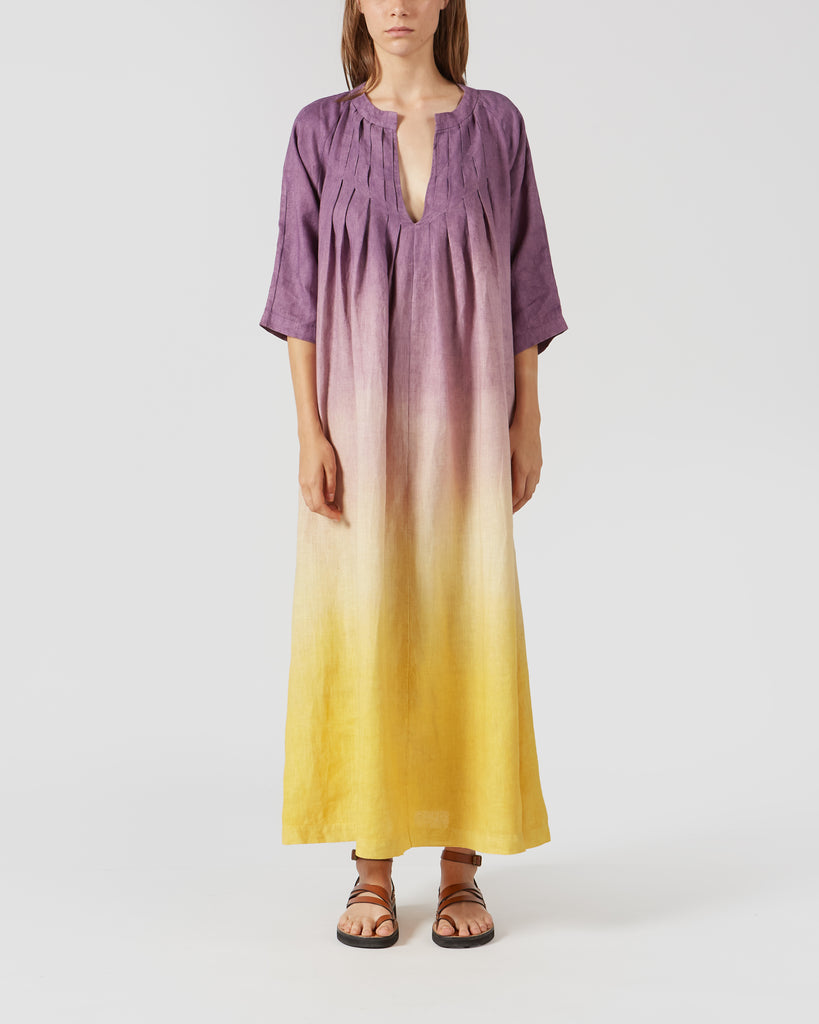 PERIGO I TIE DYE LINEN DRESS IN PURPLE & YELLOW I  House of Curated.