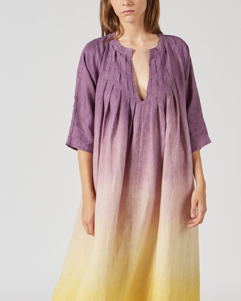 PERIGO I TIE DYE LINEN DRESS IN PURPLE & YELLOW I  House of Curated.