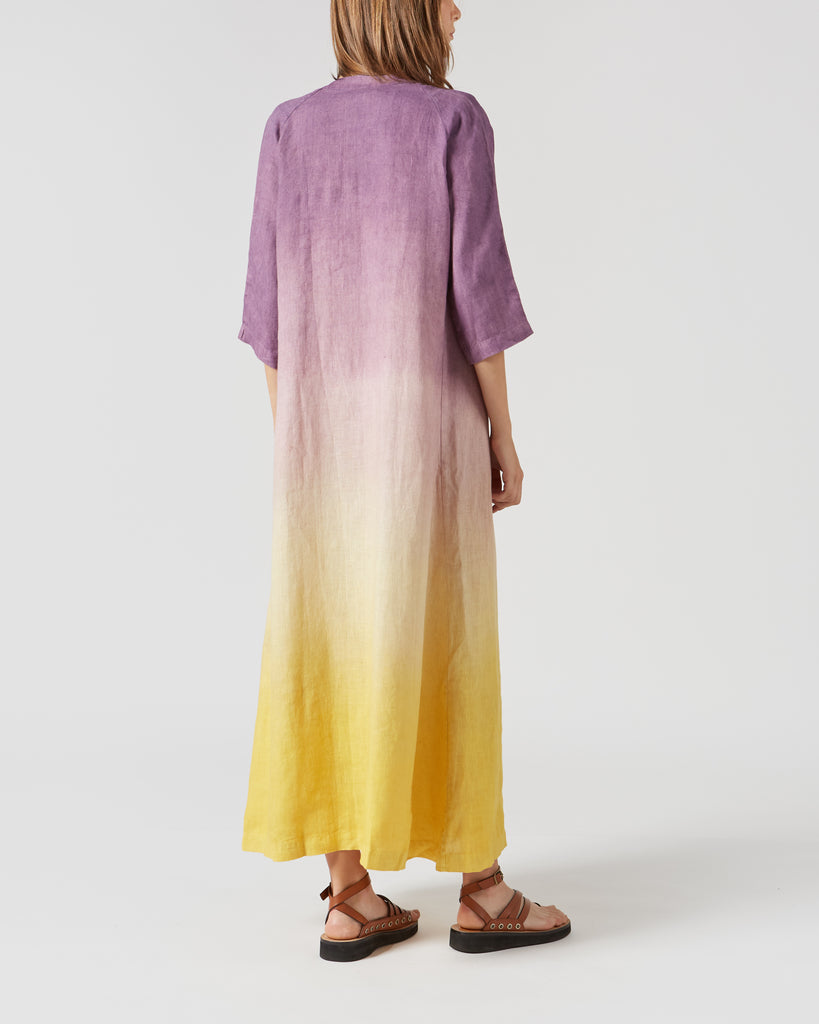 PERIGO I TIE DYE LINEN DRESS IN PURPLE & YELLOW I  House of Curated.