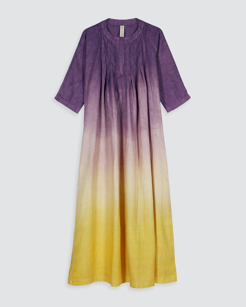 PERIGO I TIE DYE LINEN DRESS IN PURPLE & YELLOW I  House of Curated.