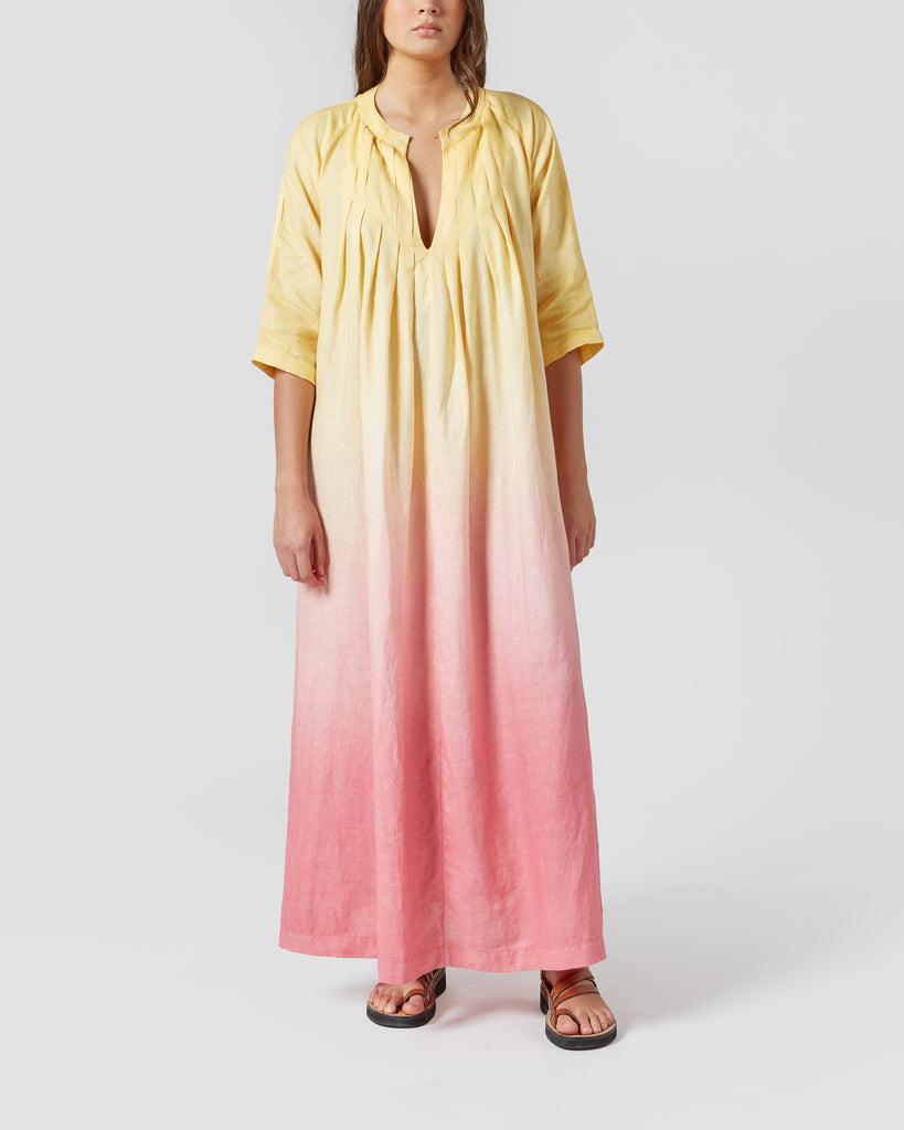 PERIGO I TIE DYE LINEN DRESS IN YELLOW & PINK I  House of Curated.