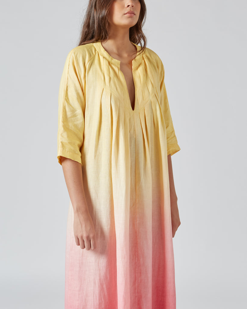 PERIGO I TIE DYE LINEN DRESS IN YELLOW & PINK I  House of Curated.