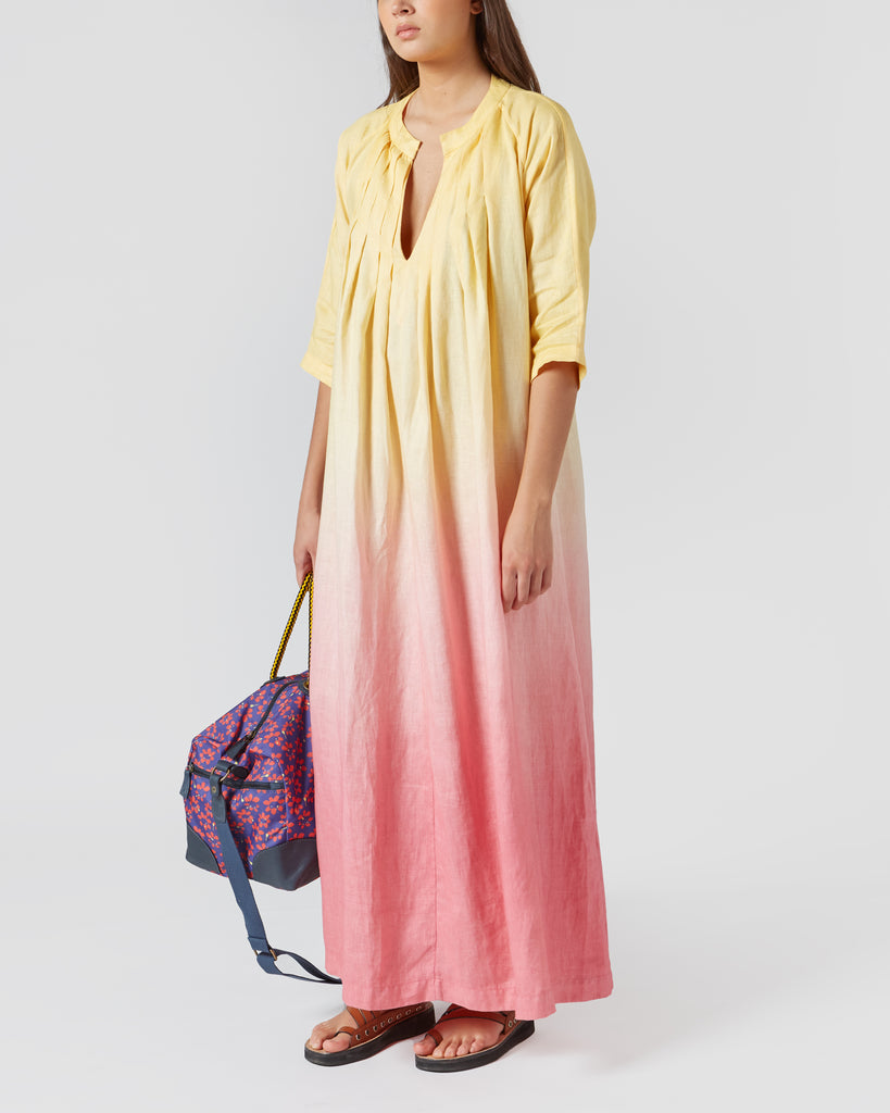 PERIGO I TIE DYE LINEN DRESS IN YELLOW & PINK I  House of Curated.
