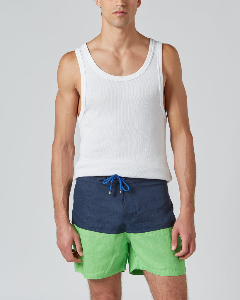 PERIGO I LINEN SURFER SHORTS IN NAVY & GREEN I  House of Curated.