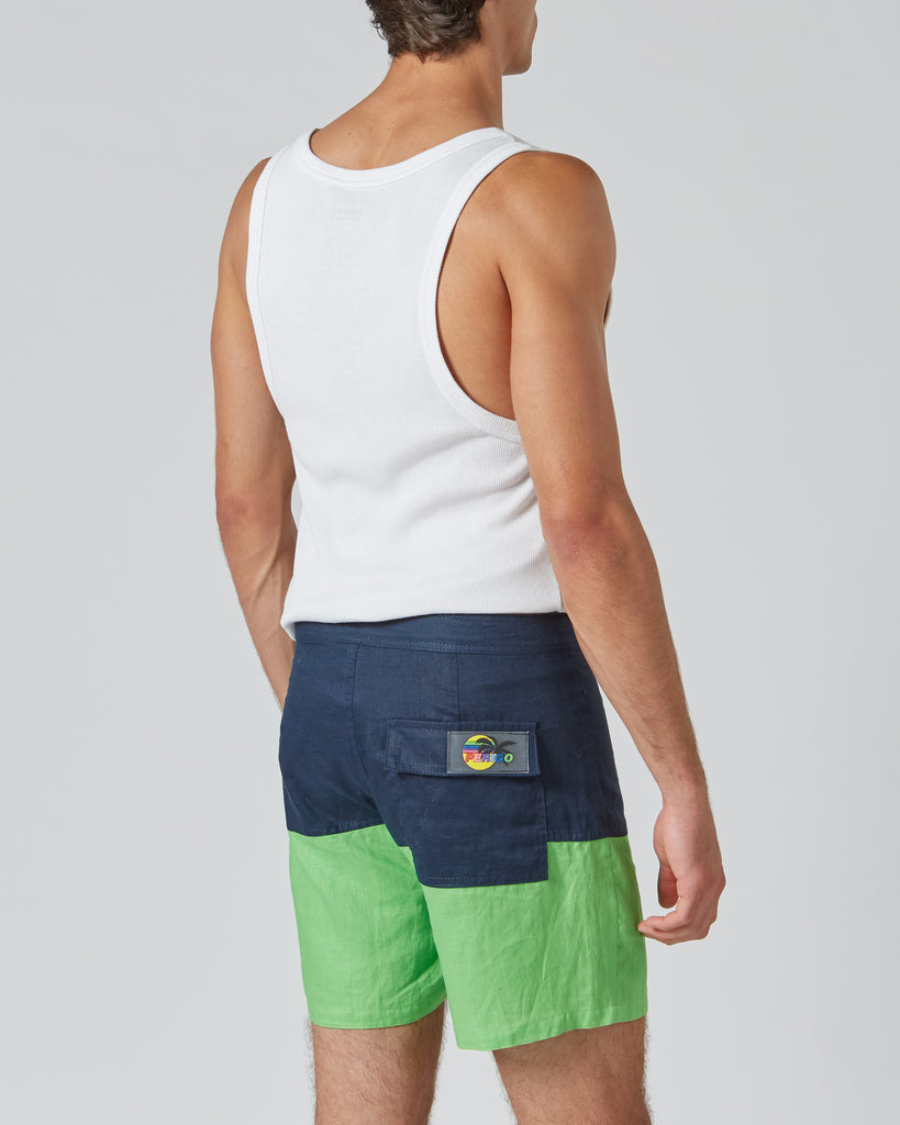 PERIGO I LINEN SURFER SHORTS IN NAVY & GREEN I  House of Curated.