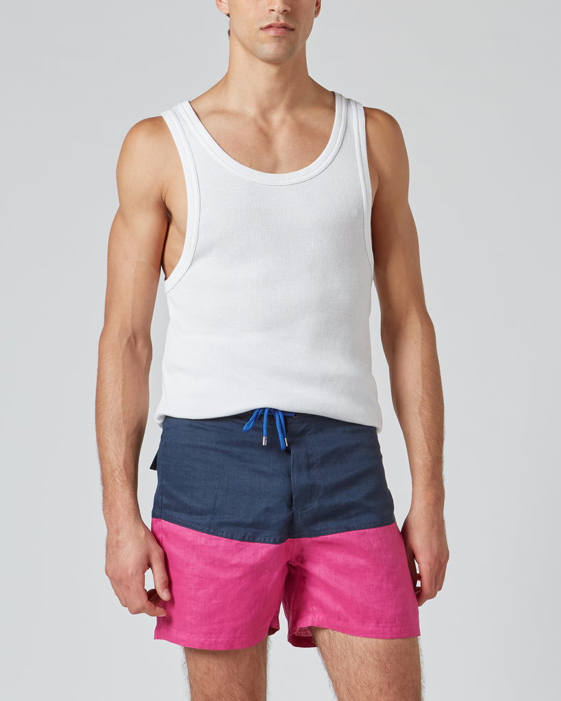 PERIGO I LINEN SURFER SHORTS IN NAVY & PINK I  House of Curated.