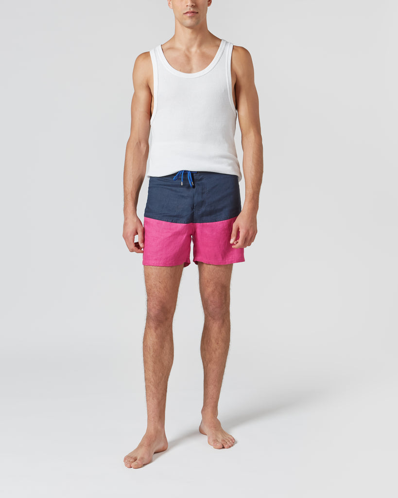 PERIGO I LINEN SURFER SHORTS IN NAVY & PINK I  House of Curated.