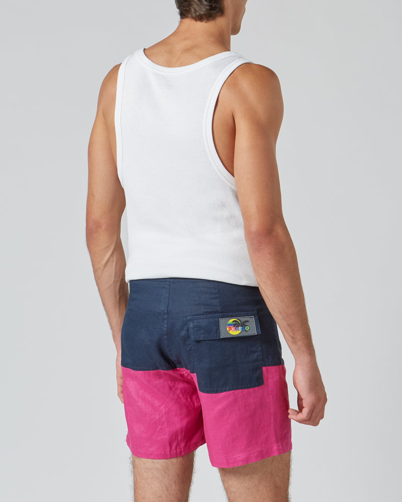 PERIGO I LINEN SURFER SHORTS IN NAVY & PINK I  House of Curated.