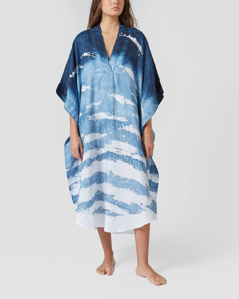 POEIRA Design I BLUE LINEN HAND DYED KAFTAN I  House of Curated.