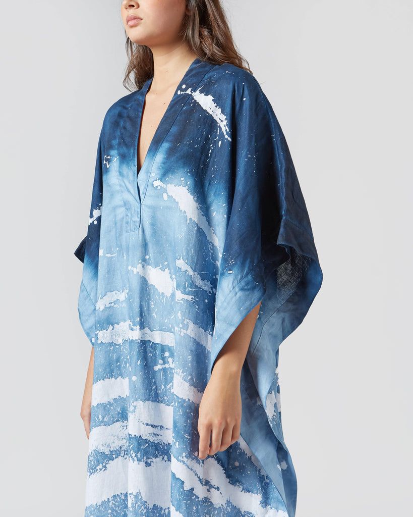 POEIRA Design I BLUE LINEN HAND DYED KAFTAN I  House of Curated.